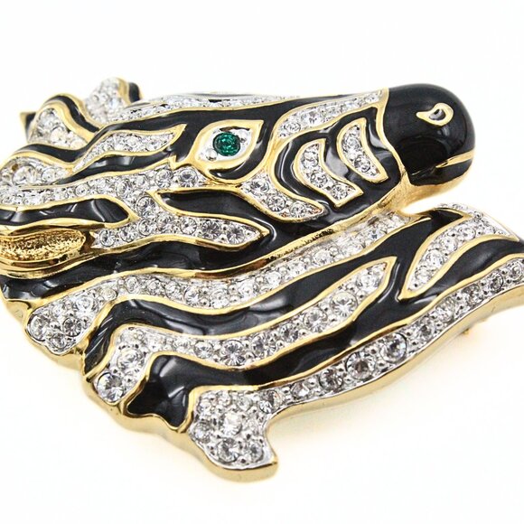 Splendid Swarovski Signed Zebra Head Gold Tone Encrusted Crystal Brooch - Picture 4 of 10